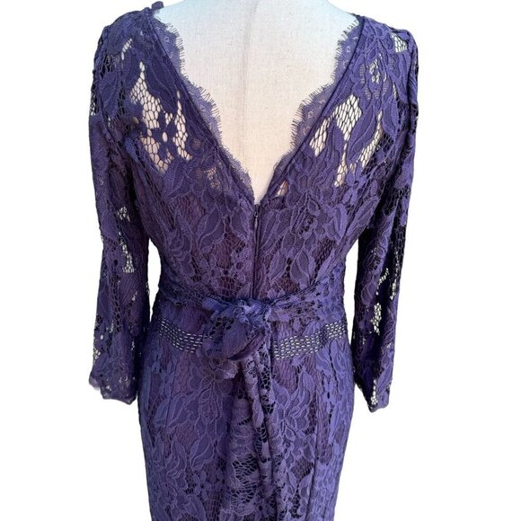 Adrianna Papell Womens Glam Purple Illusion Lace Beaded Waist Long Sleeve Gown - Picture 5 of 15